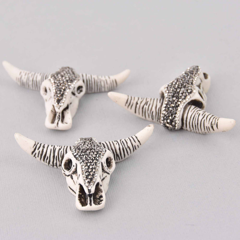 BULL LONGHORN SKULL Pendant, Pave' Rhinestones, Resin Molded with silver bail, 2-3/4" wide, chs7731