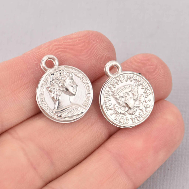 25 Coin Charm Pendants, plastic silver, 20mm, chs7732