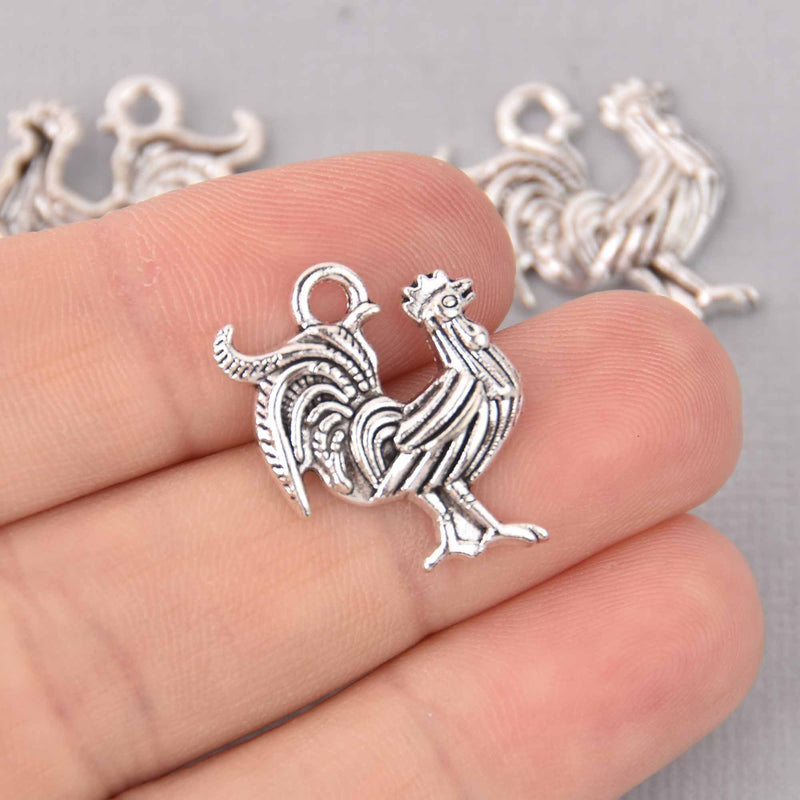 6 Rooster Charms, Chicken Charms, Silver Metal, 21mm chs7734