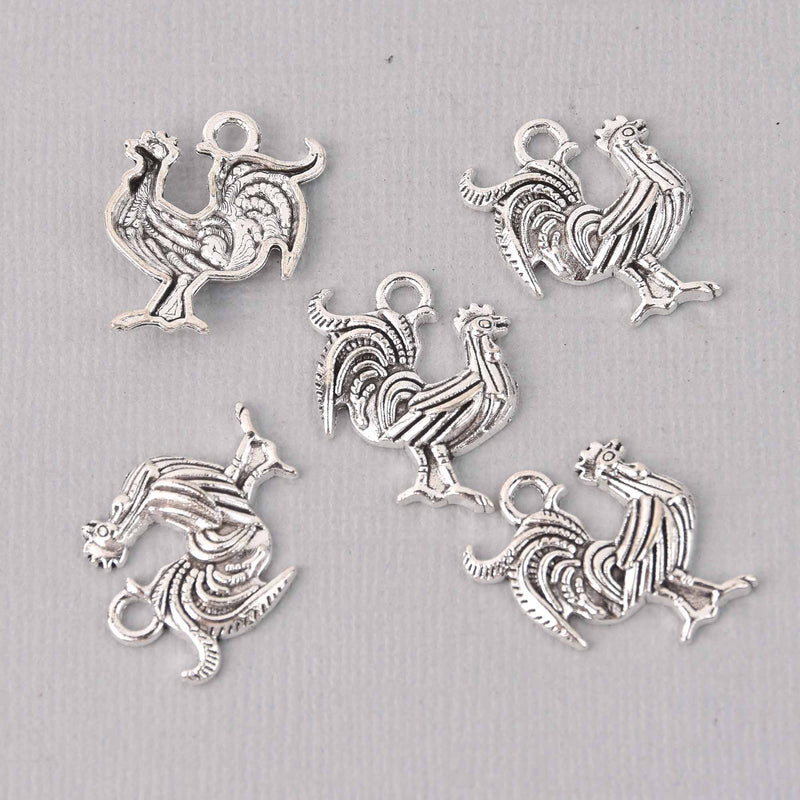 6 Rooster Charms, Chicken Charms, Silver Metal, 21mm chs7734