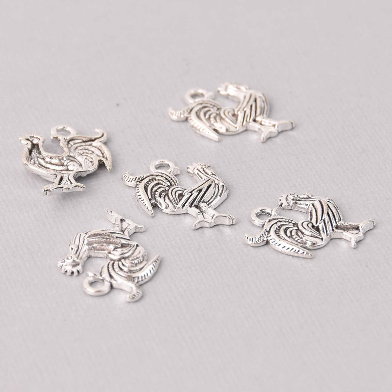 6 Rooster Charms, Chicken Charms, Silver Metal, 21mm chs7734