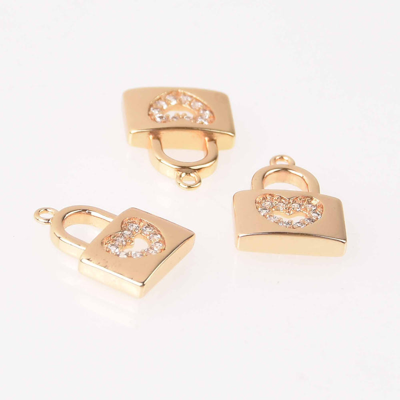 2 Gold Heart Lock Charms, Micro Pave, 13mm, chs7735