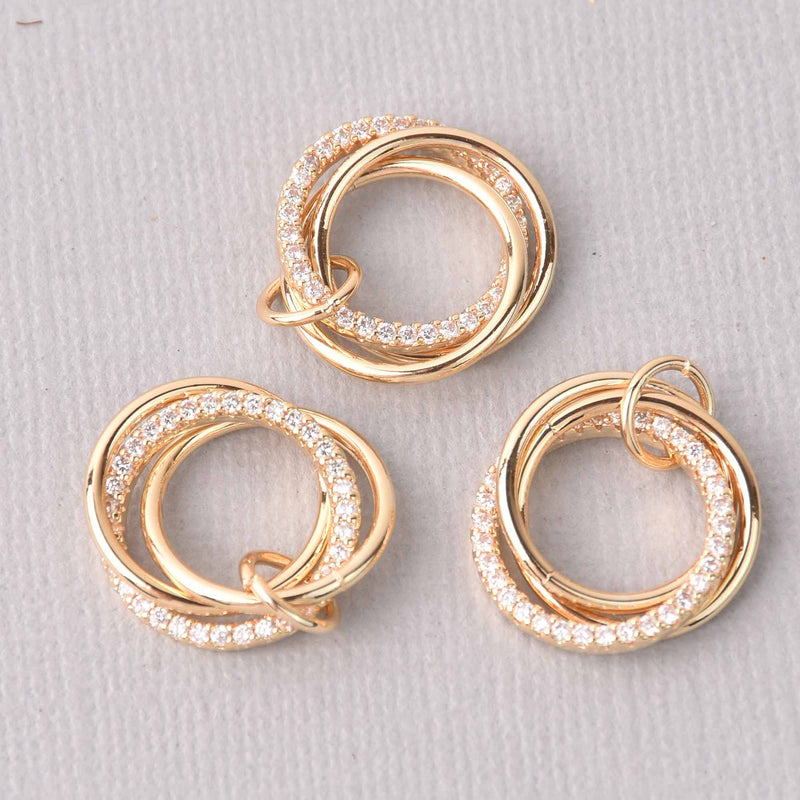 Gold Micropave Love Knot Charm, Triple Rings, 16mm, chs7736