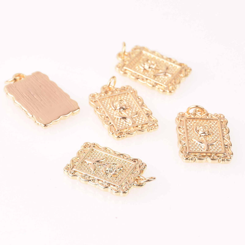 2 Gold Rose Charms, Rectangle, 20mm, chs7737