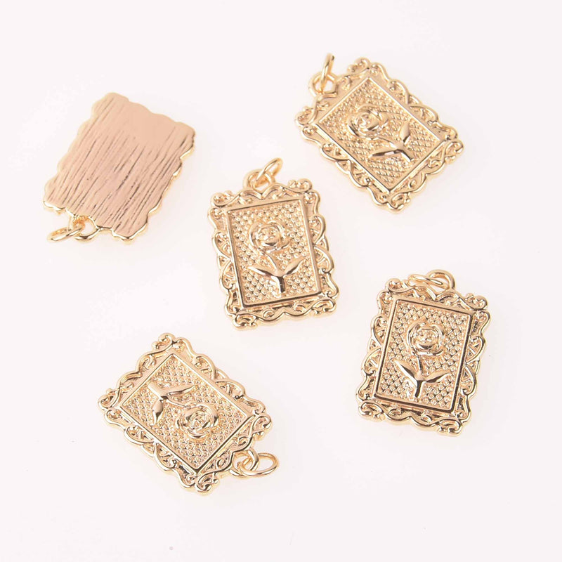 2 Gold Rose Charms, Rectangle, 20mm, chs7737