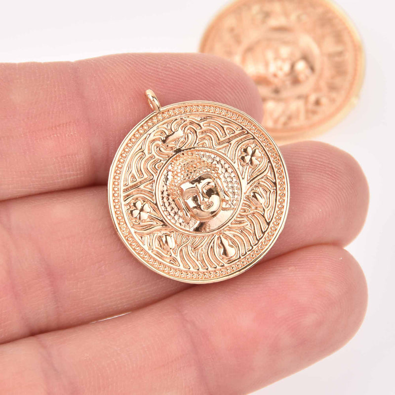 2 Light Gold Coin Relic Charms, Buddha, real gold plated round 25mm chs7738