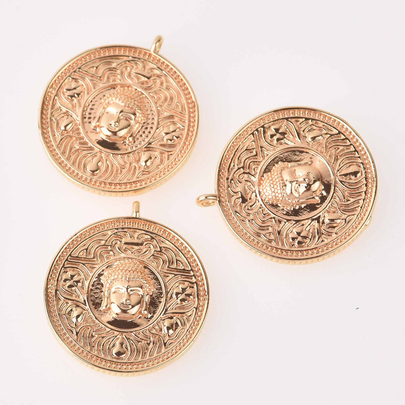 2 Light Gold Coin Relic Charms, Buddha, real gold plated round 25mm chs7738