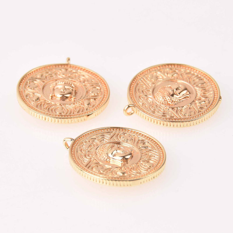 2 Light Gold Coin Relic Charms, Buddha, real gold plated round 25mm chs7738