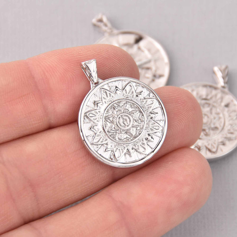 2 Silver Coin Relic Charms, Compass Rose, real platinum plated round 22mm chs7739