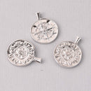 2 Silver Coin Relic Charms, Compass Rose, real platinum plated round 22mm chs7739