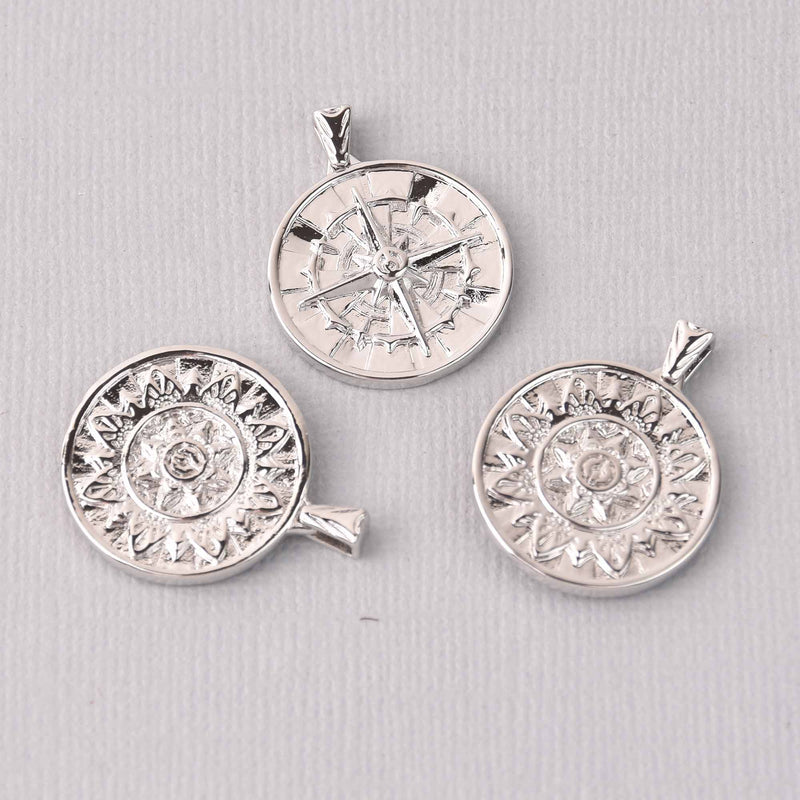 2 Silver Coin Relic Charms, Compass Rose, real platinum plated round 22mm chs7739