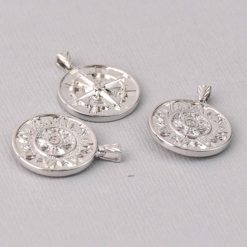 2 Silver Coin Relic Charms, Compass Rose, real platinum plated round 22mm chs7739