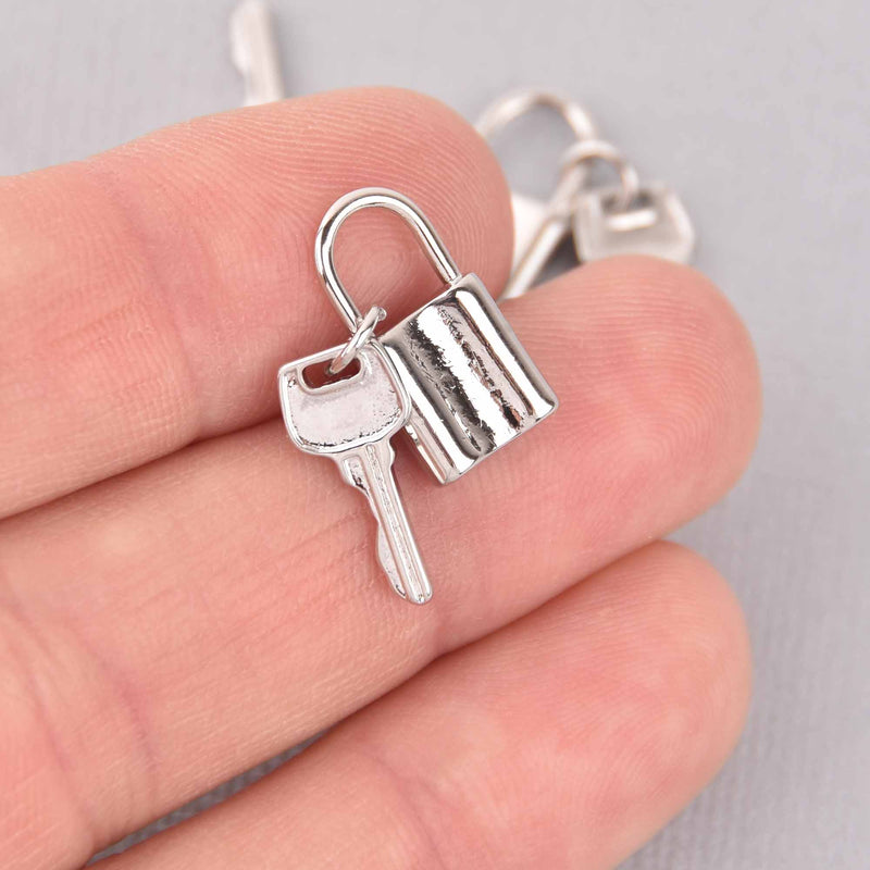 2 Silver Lock Key Charms, real platinum plated round 24mm chs7740