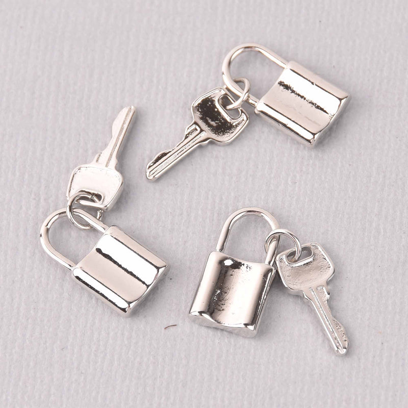 2 Silver Lock Key Charms, real platinum plated round 24mm chs7740