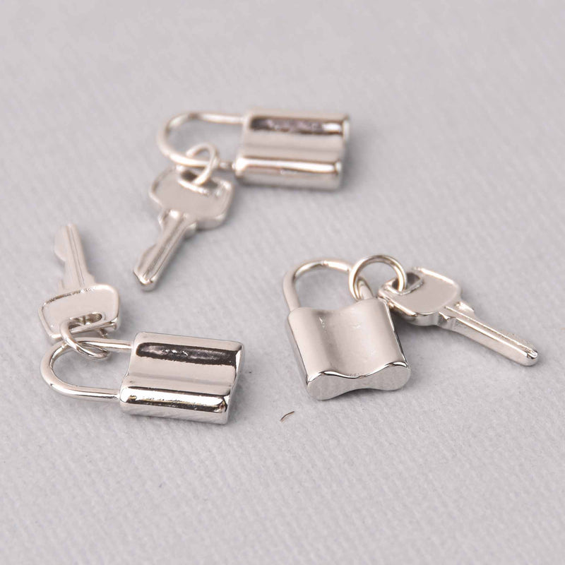 2 Silver Lock Key Charms, real platinum plated round 24mm chs7740