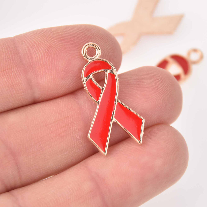 10 Red Awareness Ribbon Charms, Gold Plated with Enamel, 28mm, chs7742