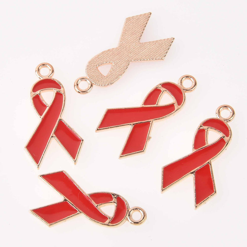 10 Red Awareness Ribbon Charms, Gold Plated with Enamel, 28mm, chs7742