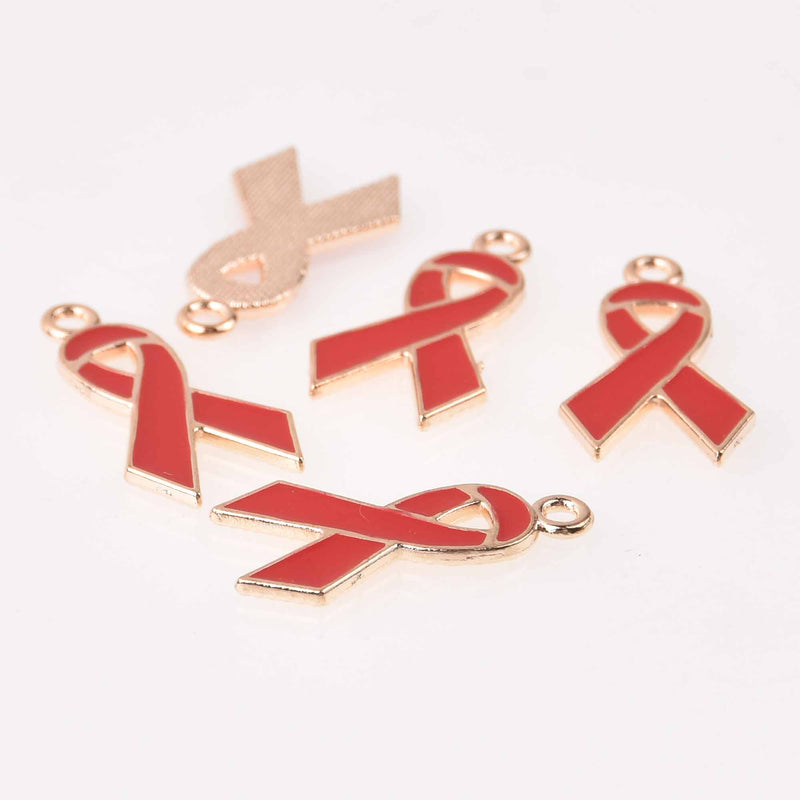 10 Red Awareness Ribbon Charms, Gold Plated with Enamel, 28mm, chs7742