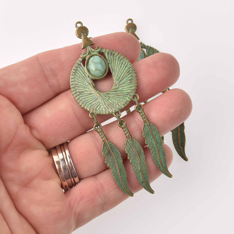 2 Feather Dream Catcher Charm Pendants, Bronze with Green Verdigris Patina, over 3" long, chs7743