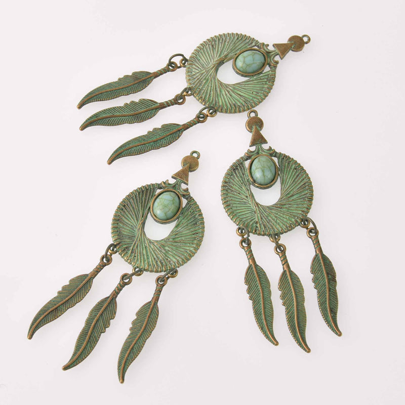 2 Feather Dream Catcher Charm Pendants, Bronze with Green Verdigris Patina, over 3" long, chs7743