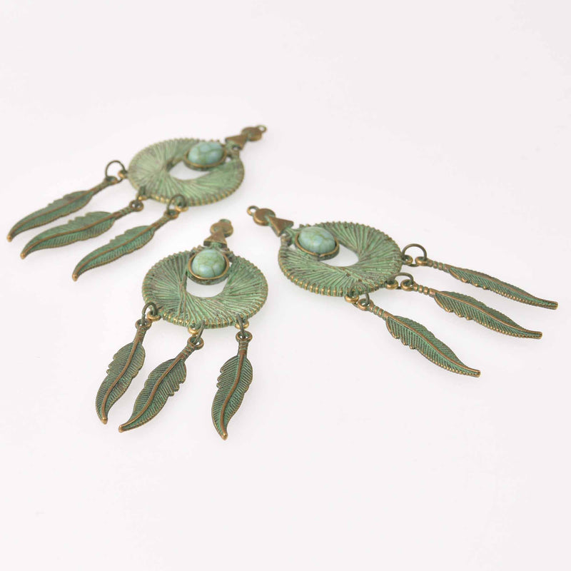 2 Feather Dream Catcher Charm Pendants, Bronze with Green Verdigris Patina, over 3" long, chs7743