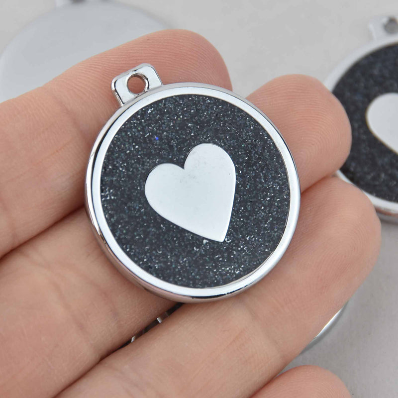 2 Silver Heart Charms with black rainbow glitter enamel, 1.25", chs7747