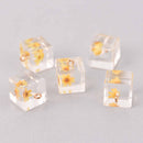 2 Golden Yellow Pressed Flower Cube Charms, Clear resin with dried flower, 14mm, chs7749