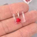 2 Red Pressed Flower Cube Charms, Clear resin with dried flower, 14mm, chs7750