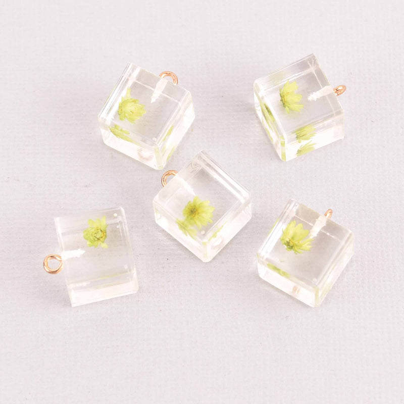 2 Lime Green Pressed Flower Cube Charms, Clear resin with dried flower, 14mm, chs7752