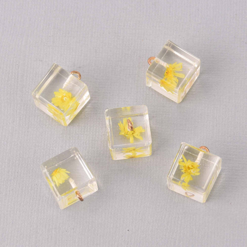 2 Yellow Pressed Flower Cube Charms, Clear resin with dried flower, 14mm, chs7754