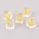 2 Yellow Pressed Flower Cube Charms, Clear resin with dried flower, 14mm, chs7754