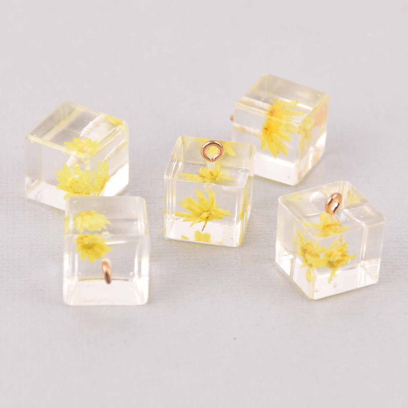 2 Yellow Pressed Flower Cube Charms, Clear resin with dried flower, 14mm, chs7754