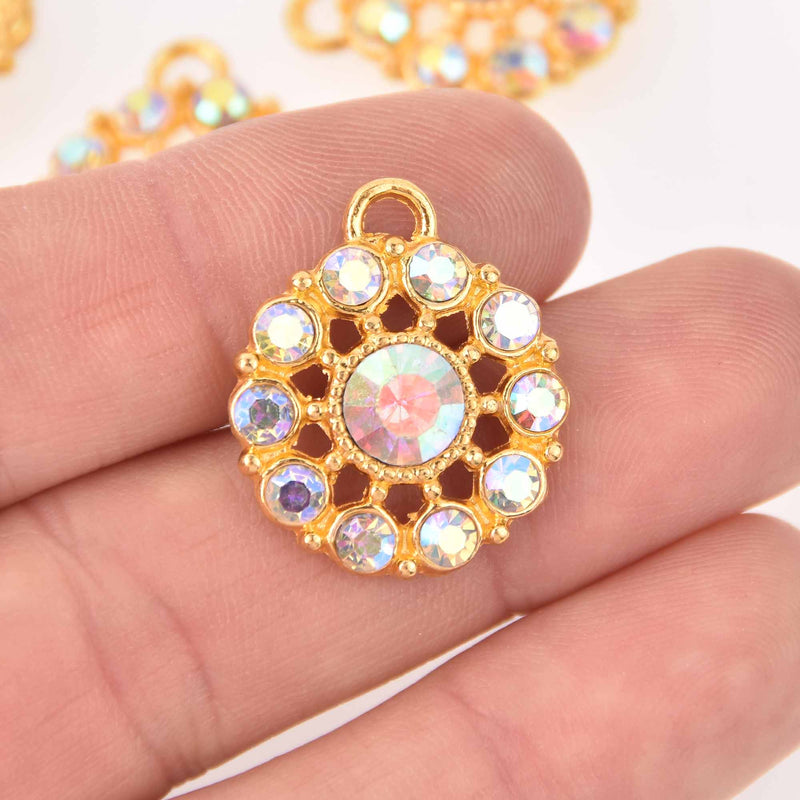 2 Gold Crystal AB Charms, 22mm round Rhinestone charms, chs7755