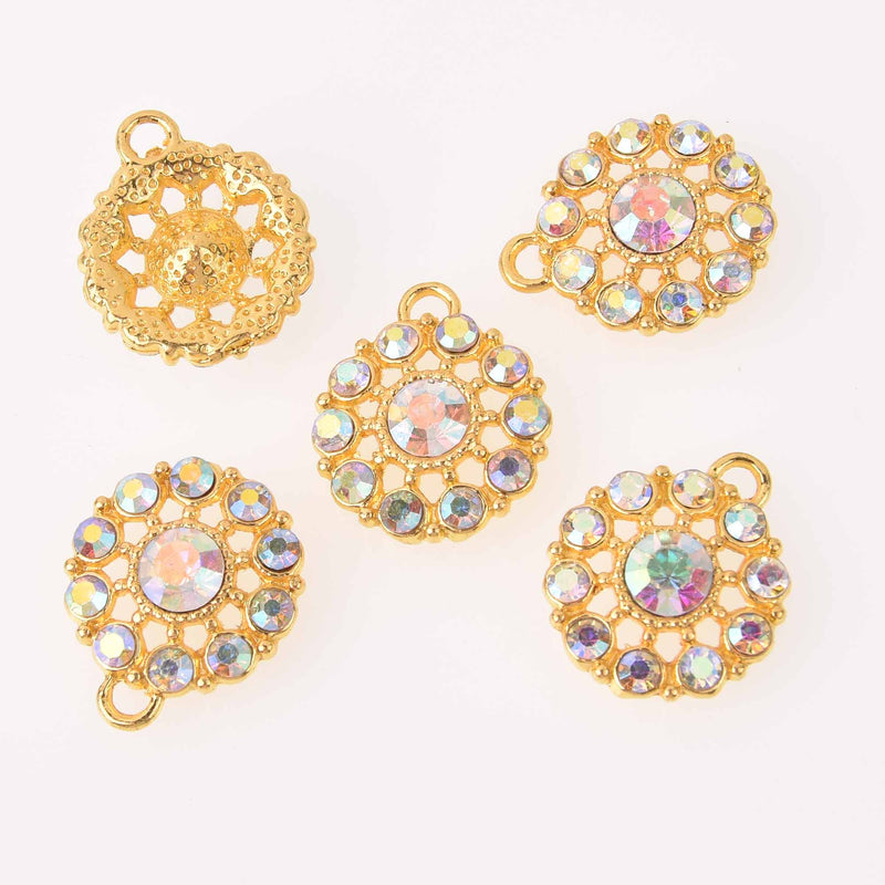 2 Gold Crystal AB Charms, 22mm round Rhinestone charms, chs7755