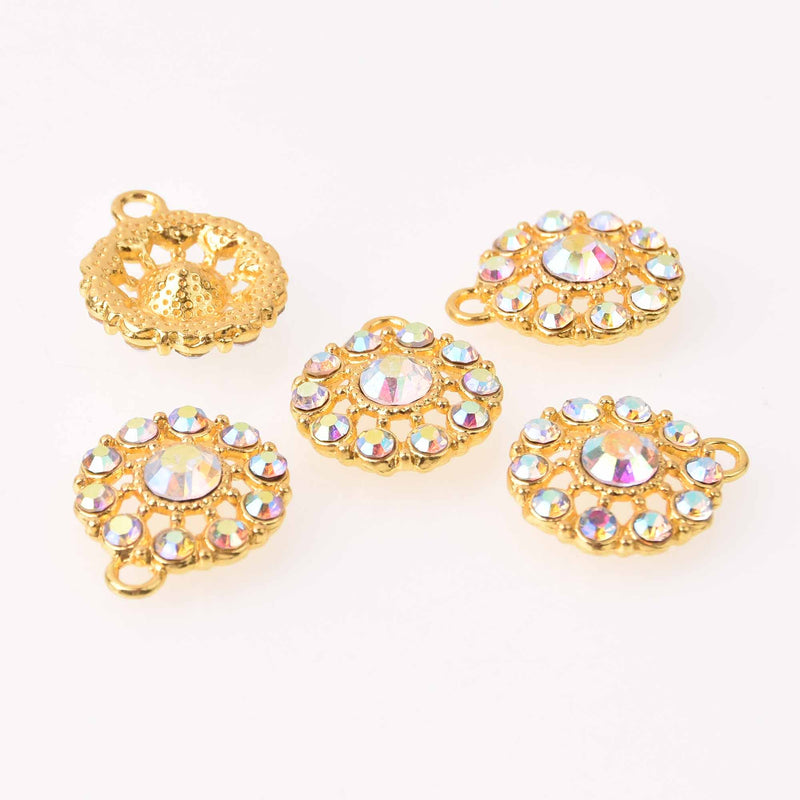 2 Gold Crystal AB Charms, 22mm round Rhinestone charms, chs7755