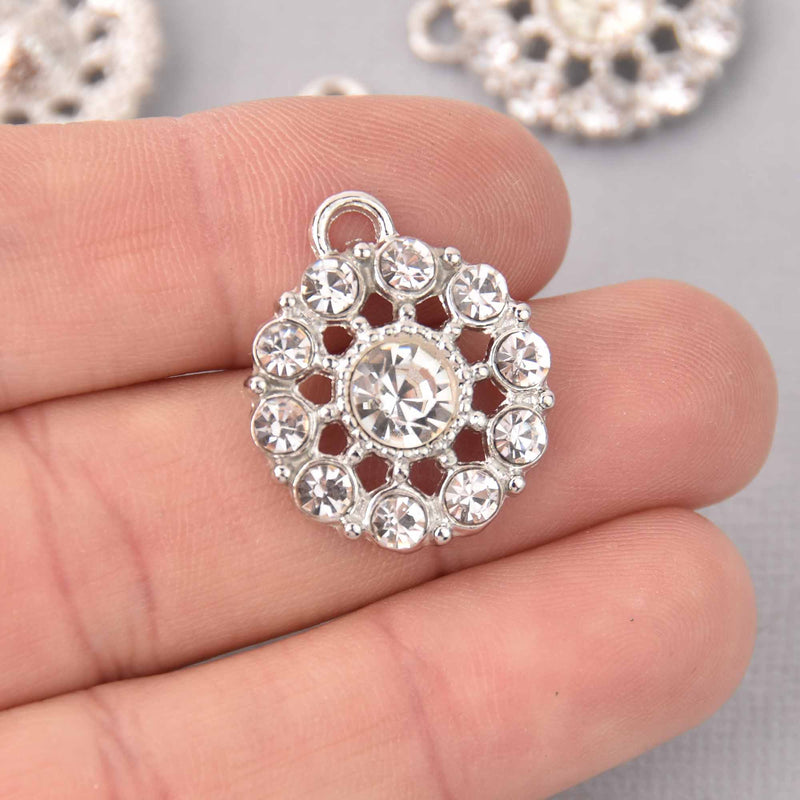 2 Silver Crystal Charms, 22mm round Rhinestone charms, chs7757