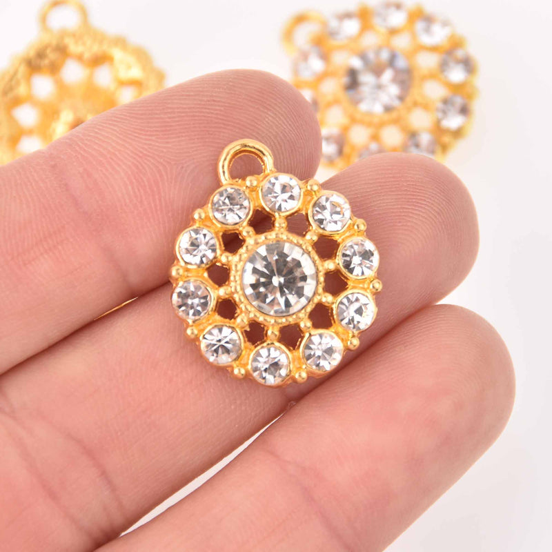 2 Gold Crystal Charms, 22mm round Rhinestone charms, chs7758