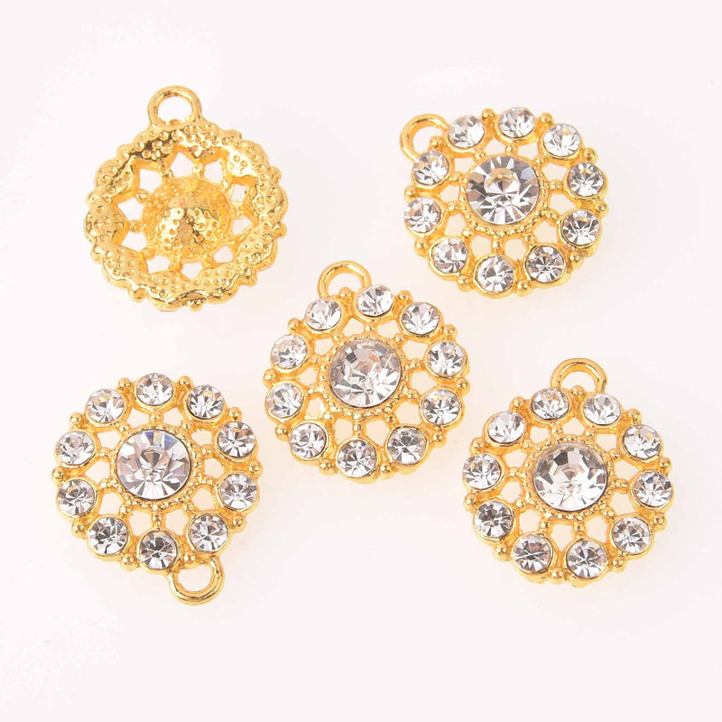 2 Gold Crystal Charms, 22mm round Rhinestone charms, chs7758