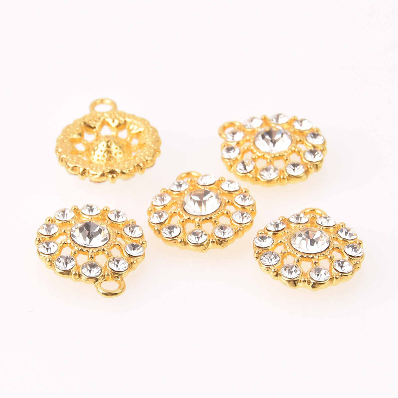 2 Gold Crystal Charms, 22mm round Rhinestone charms, chs7758