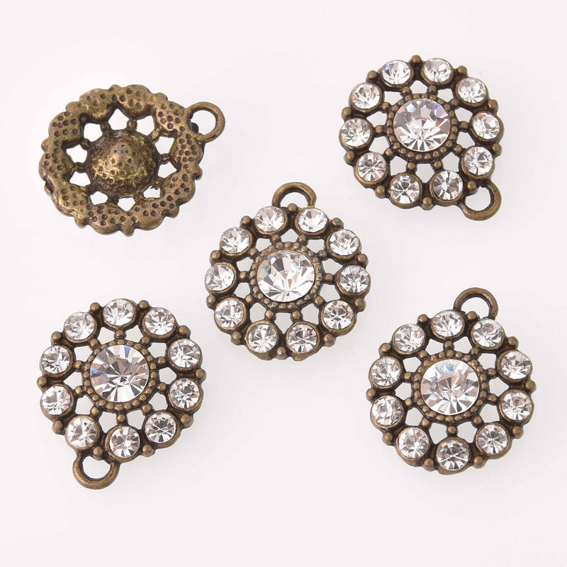 2 Bronze Crystal Charms, 22mm round Rhinestone charms, chs7759