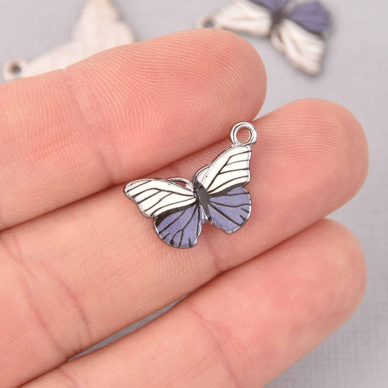 6 Butterfly Charms, Purple enamel with silver plated charm, chs7761