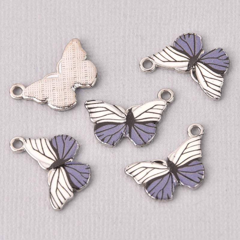 6 Butterfly Charms, Purple enamel with silver plated charm, chs7761