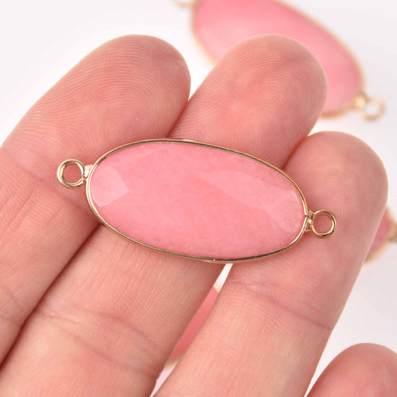 Pink Jade Gemstone Connector Charm, Gold Plate, 40x16mm, chs7765
