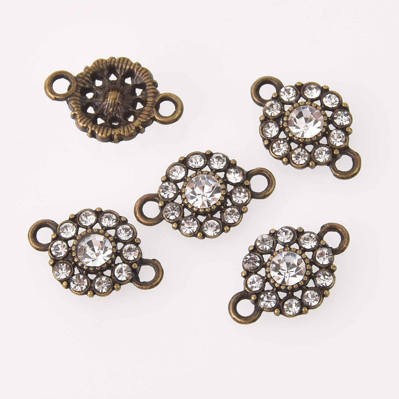 4 Bronze Crystal Charms, 12mm round rhinestone connector, chs7769