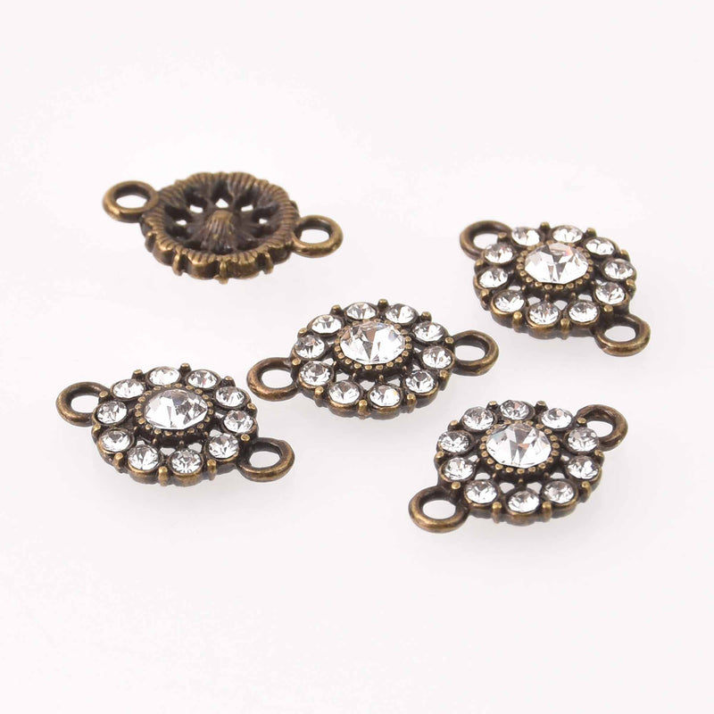 4 Bronze Crystal Charms, 12mm round rhinestone connector, chs7769