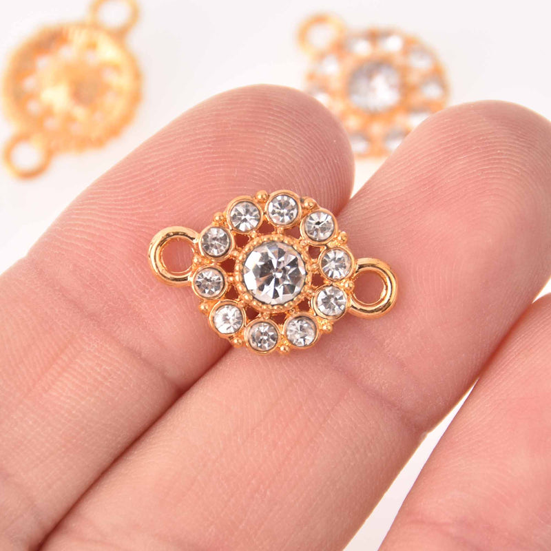 4 Gold Crystal Charms, 12mm round rhinestone connector, chs7770