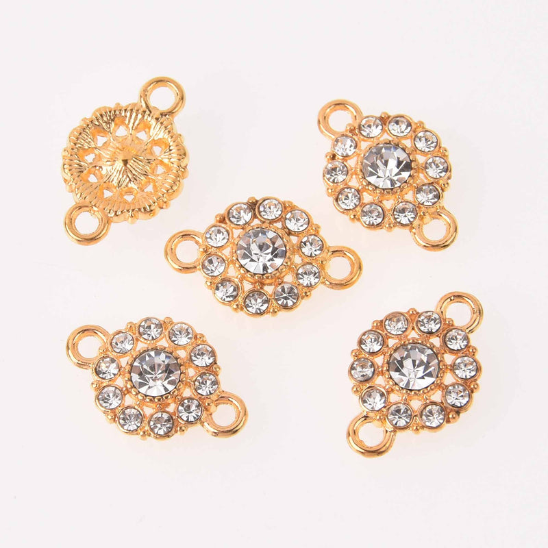 4 Gold Crystal Charms, 12mm round rhinestone connector, chs7770