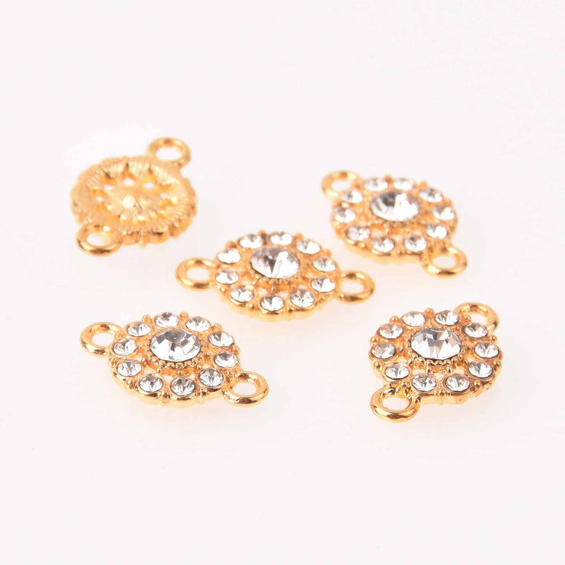 4 Gold Crystal Charms, 12mm round rhinestone connector, chs7770