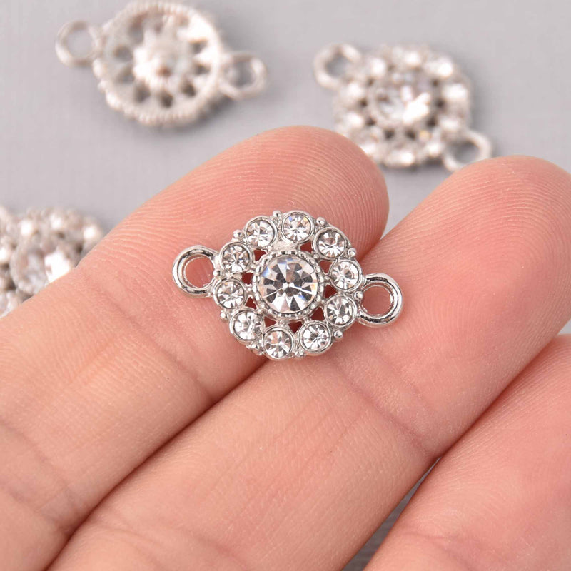 4 Silver Crystal Charms, 12mm round rhinestone connector, chs7771