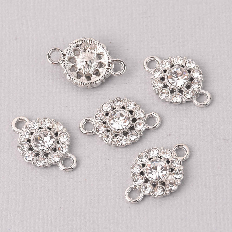 4 Silver Crystal Charms, 12mm round rhinestone connector, chs7771